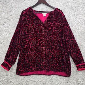 Sundance Blouse Womens Large Burgundy Floral Velvet Silk Blend Button